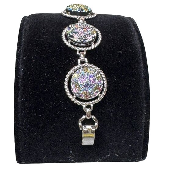 Vintage Sarah Coventry Silver Bracelet Iridescent Floral Etched Cabochons Rope - Picture 8 of 10